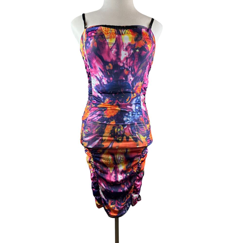 Vtg Y2k Apple Bottom Dress Watercolor Ruched Bodycon Form Fitting Dress Medium M - Picture 3 of 16